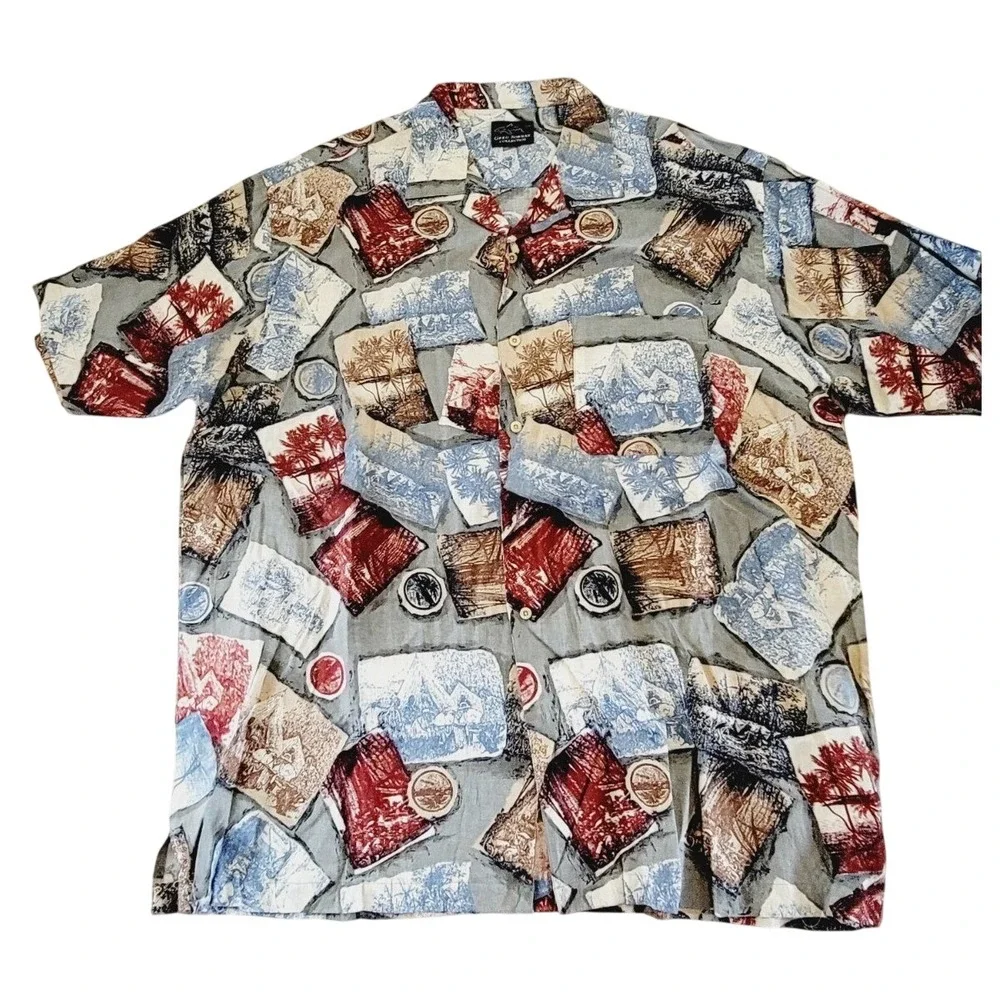 Greg‎ Norman L Hawaiian Shirt Men Short Sleeve Button Down Colorful Linen Blend